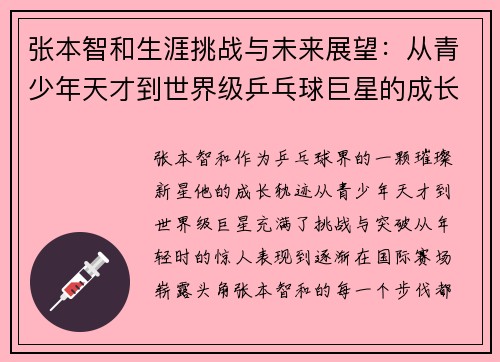 张本智和生涯挑战与未来展望：从青少年天才到世界级乒乓球巨星的成长轨迹